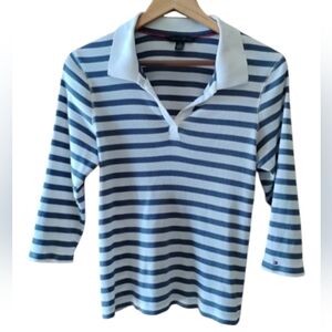 Tommy Hilfiger Sailor V-neck Navy and Cream Striped Top Sz L